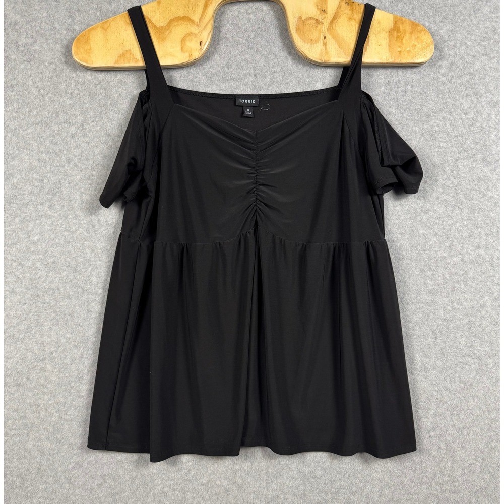 Torrid Cold Shoulder Top Womens 3 Black Excellent Ruched Babydoll Blouse
